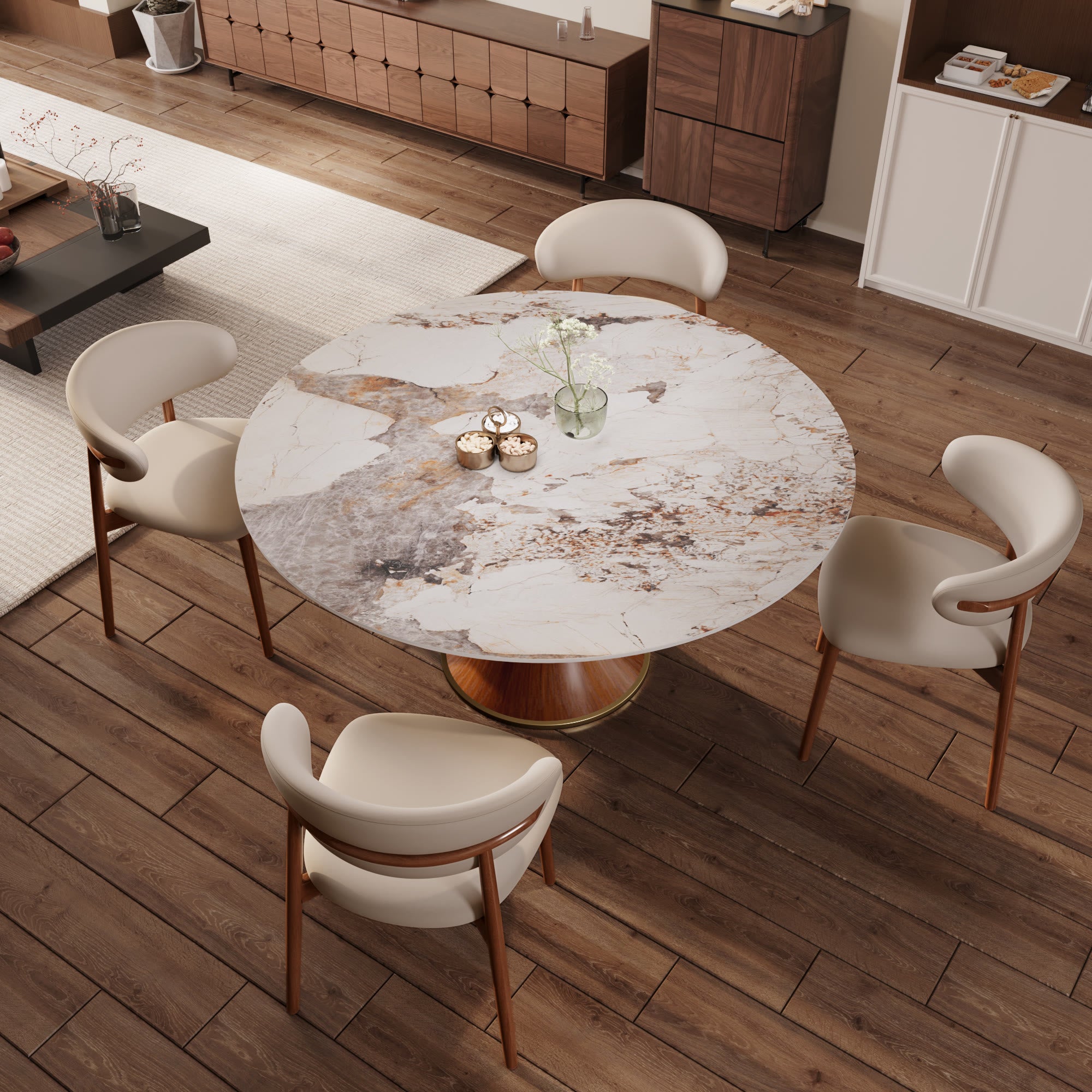 5-piece Mid-century Modern Round Dining Table With Beige Leather Dining Chairs