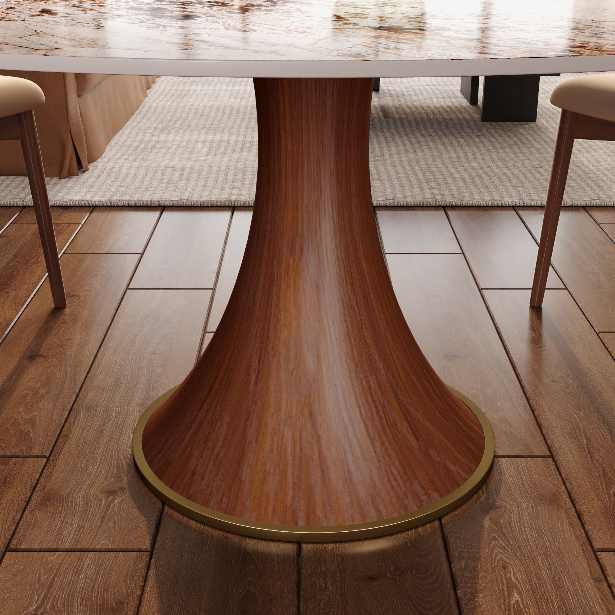 5-piece Mid-century Modern Round Dining Table With Beige Leather Dining Chairs