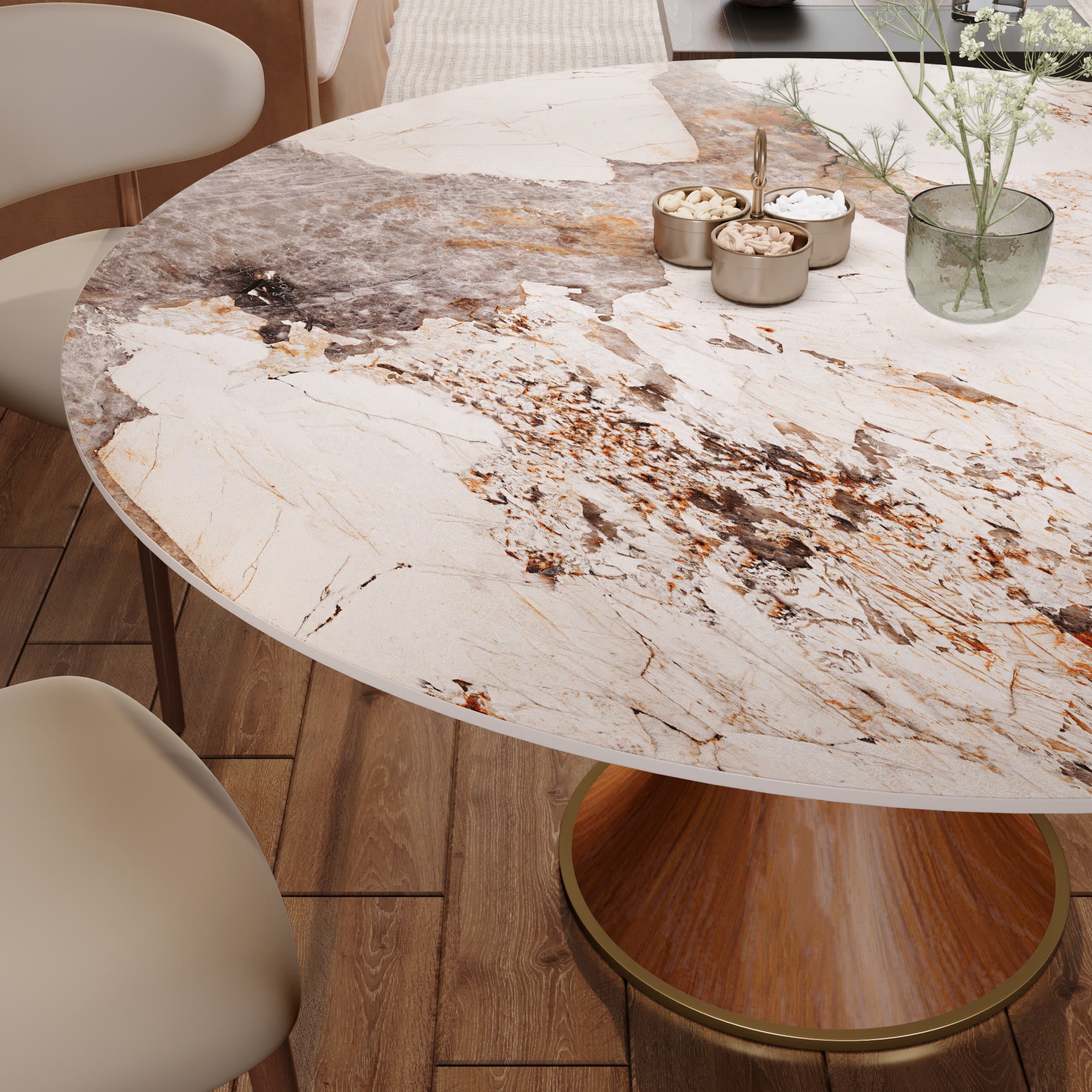 5-piece Mid-century Modern Round Dining Table With Beige Leather Dining Chairs