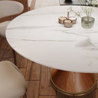 5-piece Mid-century Modern Round Dining Table With Beige Leather Dining Chairs - image 10