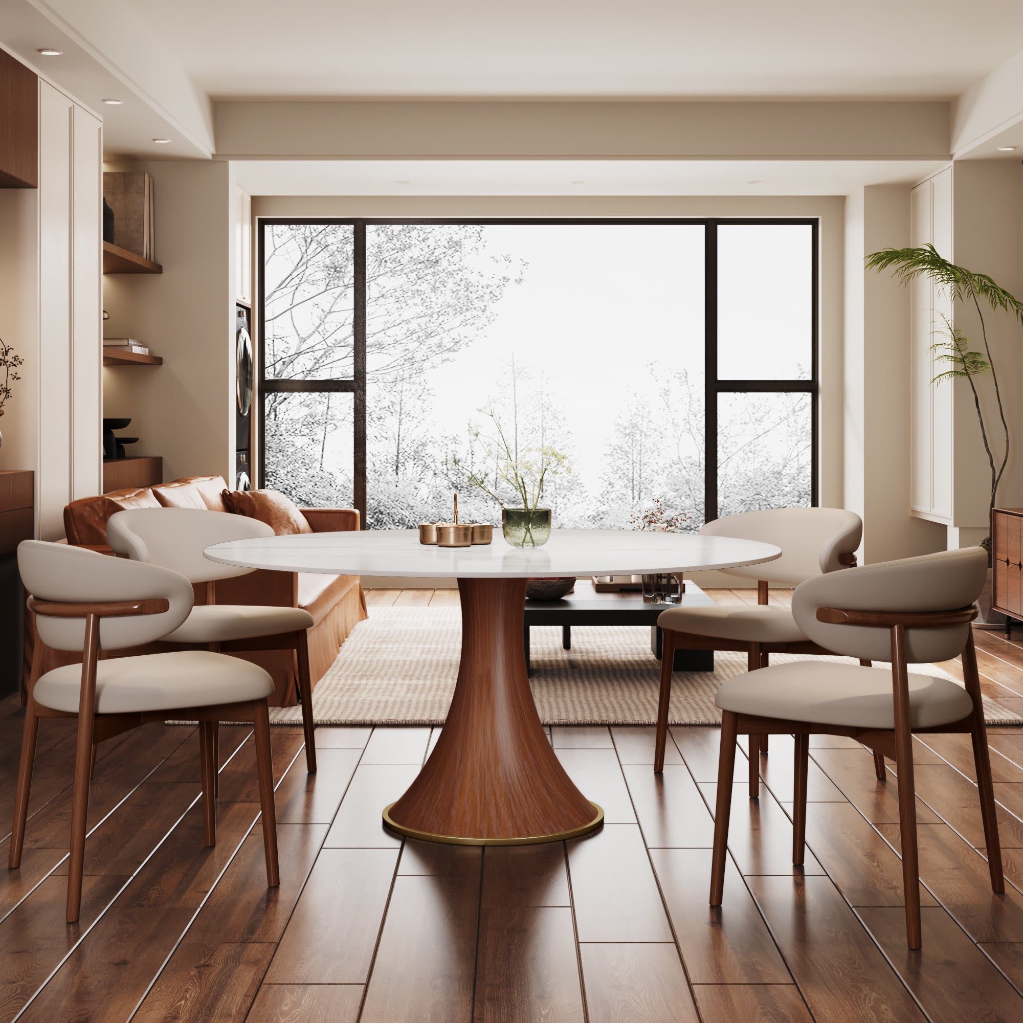 5-piece Mid-century Modern Round Dining Table With Beige Leather Dining Chairs