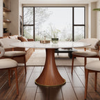 7-piece Mid-century Modern Round Dining Table With Beige Leather Dining Chairs - image 2