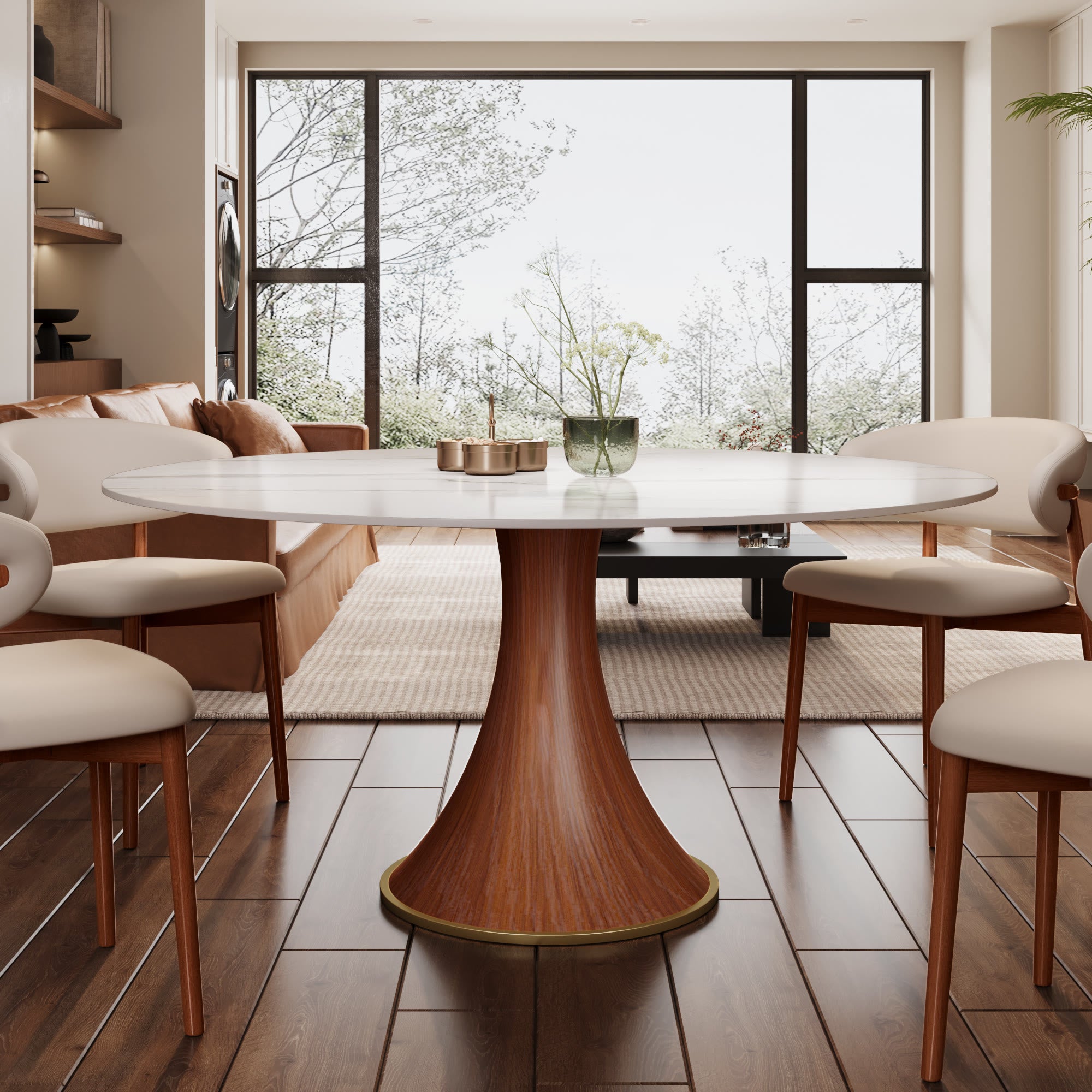 7-piece Mid-century Modern Round Dining Table With Beige Leather Dining Chairs