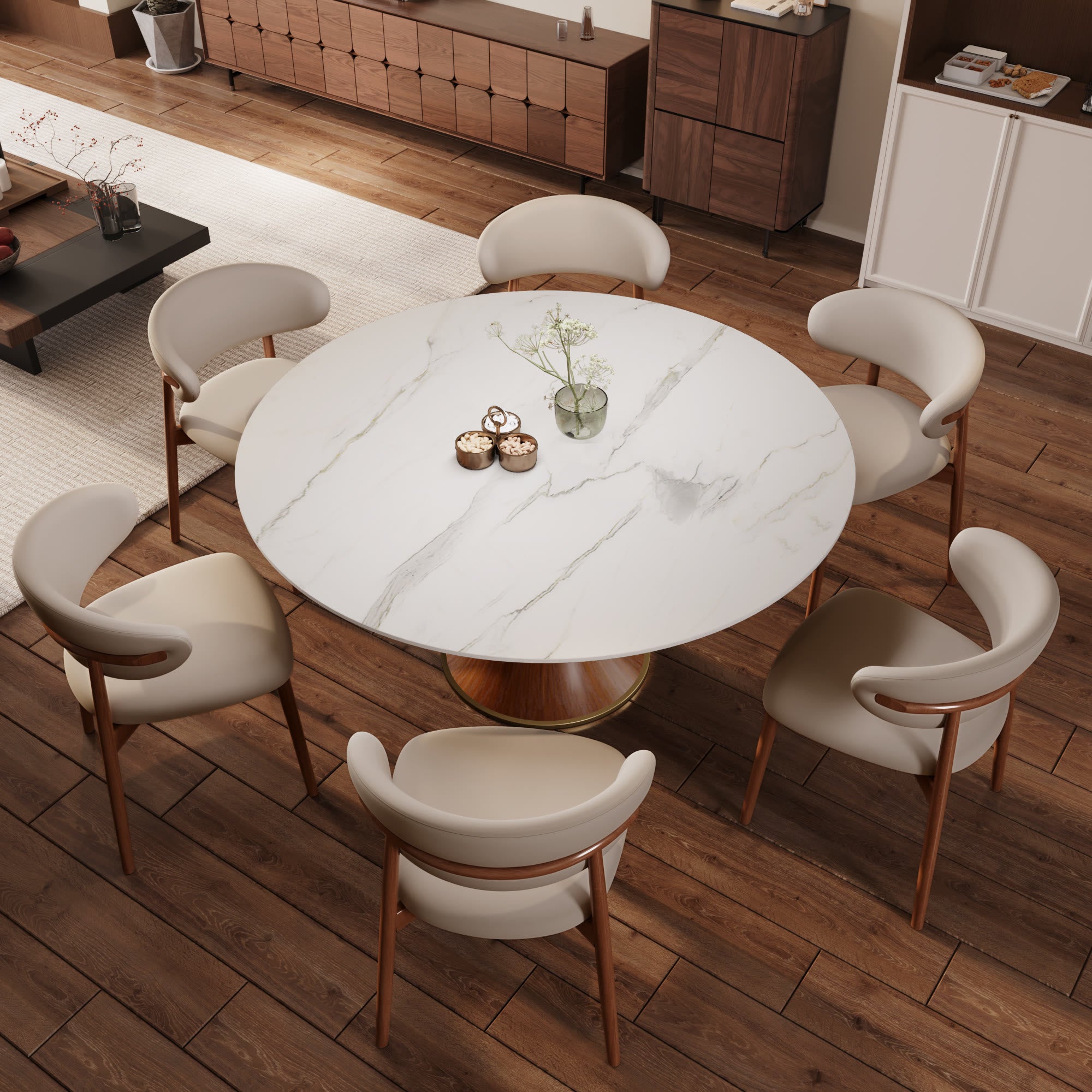 7-piece Mid-century Modern Round Dining Table With Beige Leather Dining Chairs