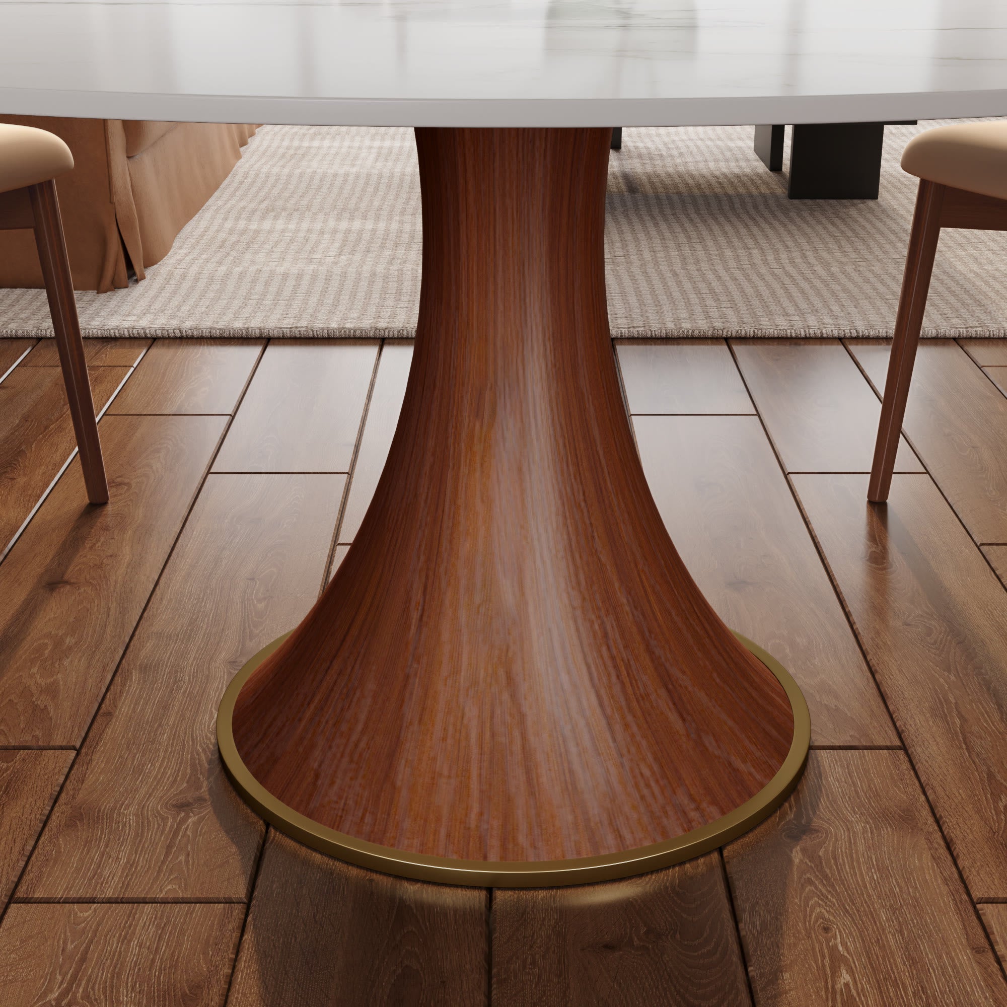 7-piece Mid-century Modern Round Dining Table With Beige Leather Dining Chairs