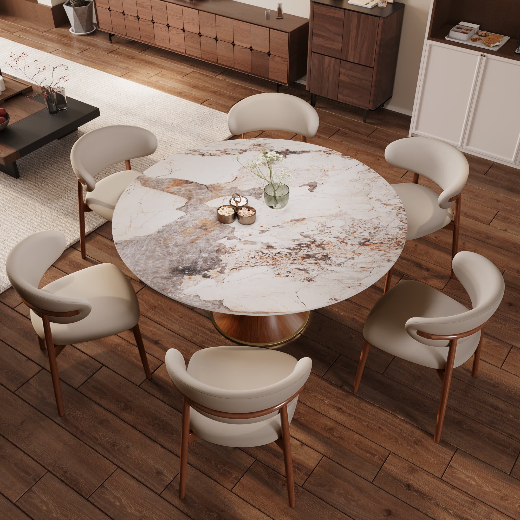 7-piece Mid-century Modern Round Dining Table With Beige Leather Dining Chairs