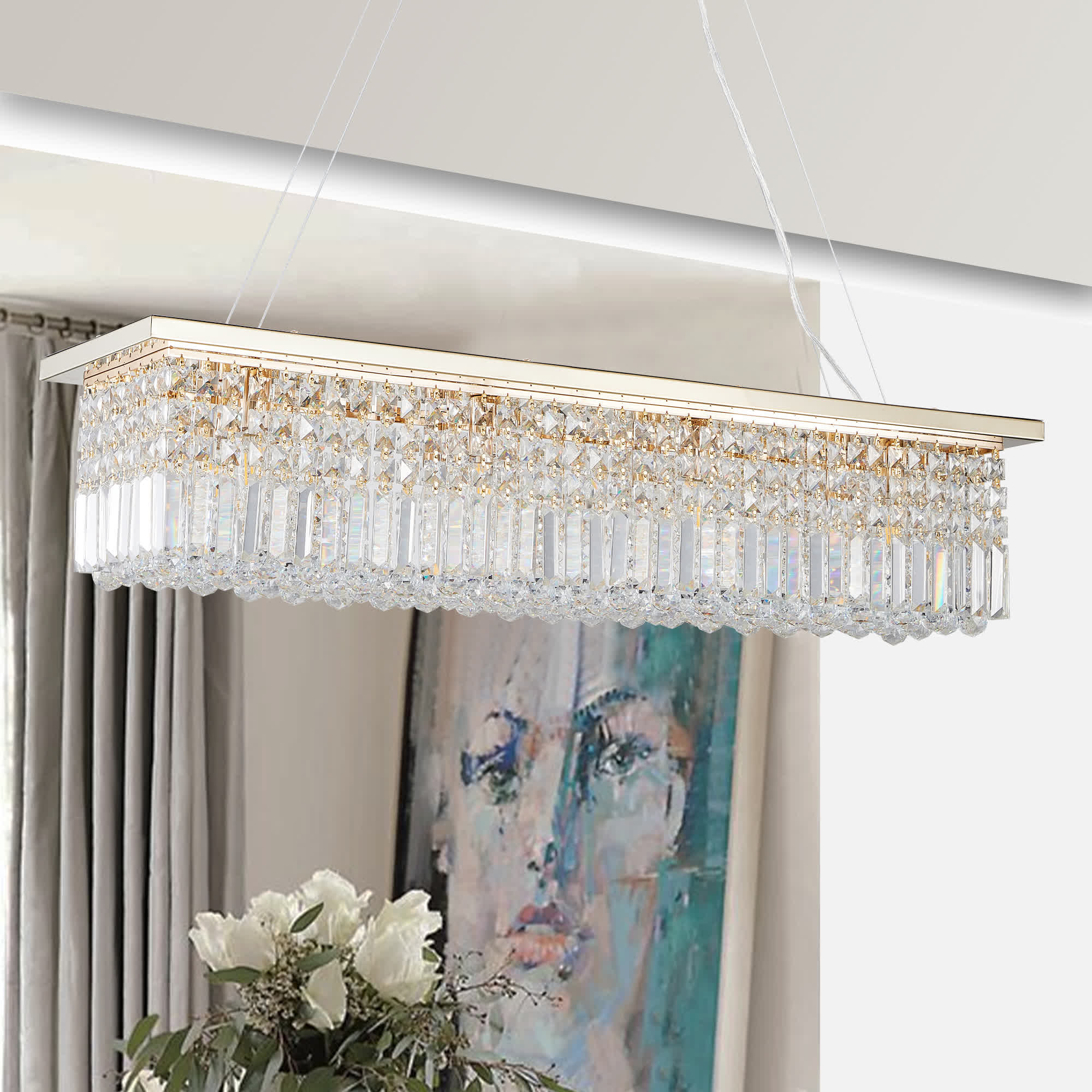 Modern Rectangle Raindrop Crystal Chandelier(No Bulb) - Gold - 39.4''L x 9.8'' W x 8.7''H - image 9