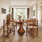 5-piece Mid-century Rubber Wood Round Dining Table With Rattan Gourd Legs Dining Chairs - Wood - 59.05"Table+4x Dining Chairs - image 0