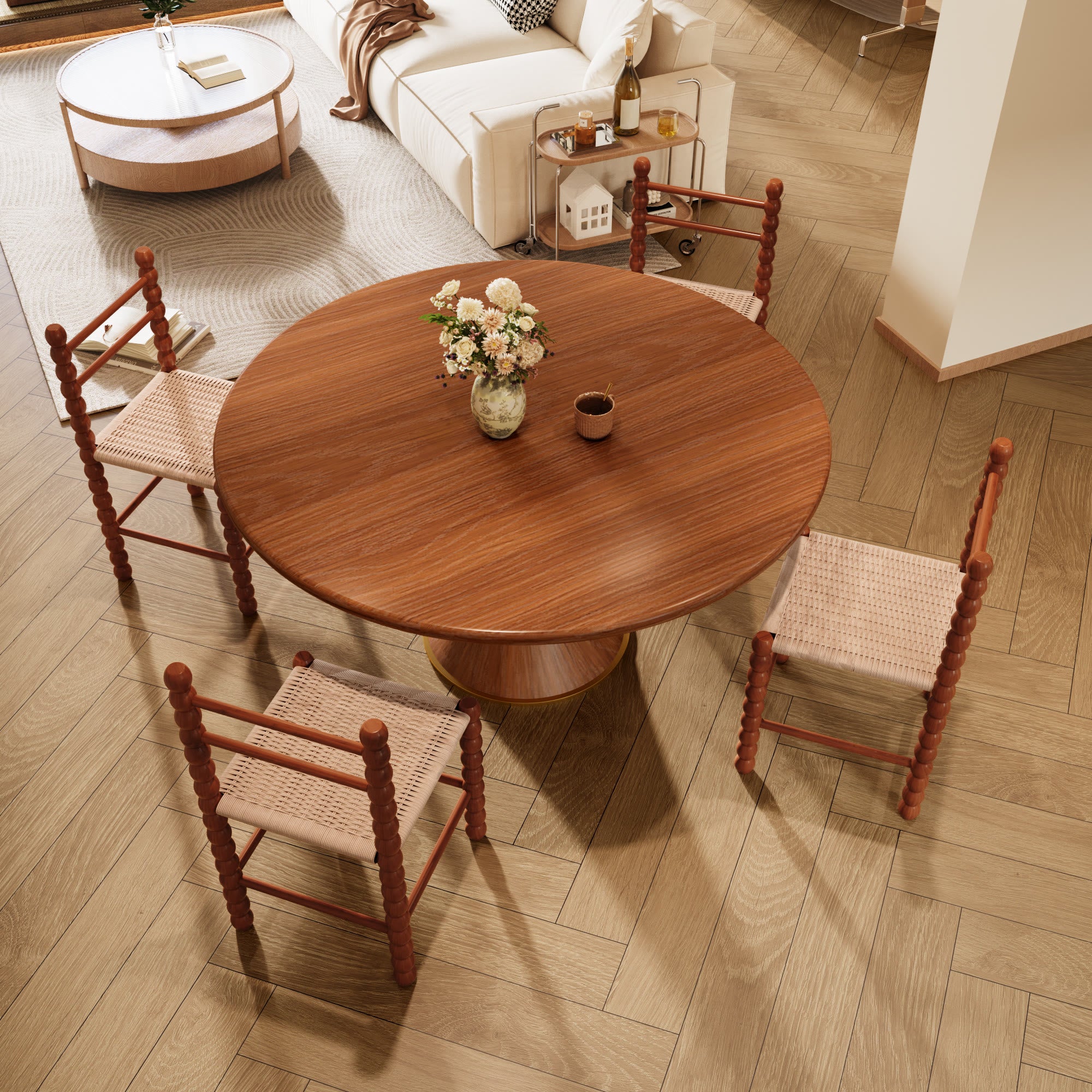 5-piece Mid-century Rubber Wood Round Dining Table With Rattan Gourd Legs Dining Chairs