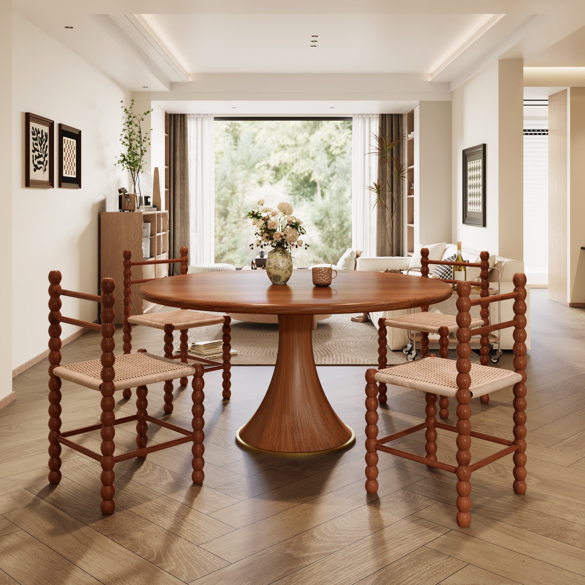 7-piece Mid-century Rubber Wood Round Dining Table With Rattan Gourd Legs Dining Chairs