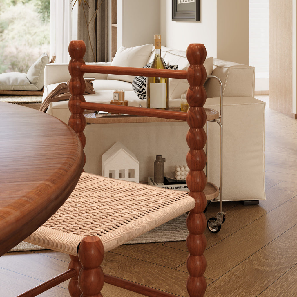 7-piece Mid-century Rubber Wood Round Dining Table With Rattan Gourd Legs Dining Chairs