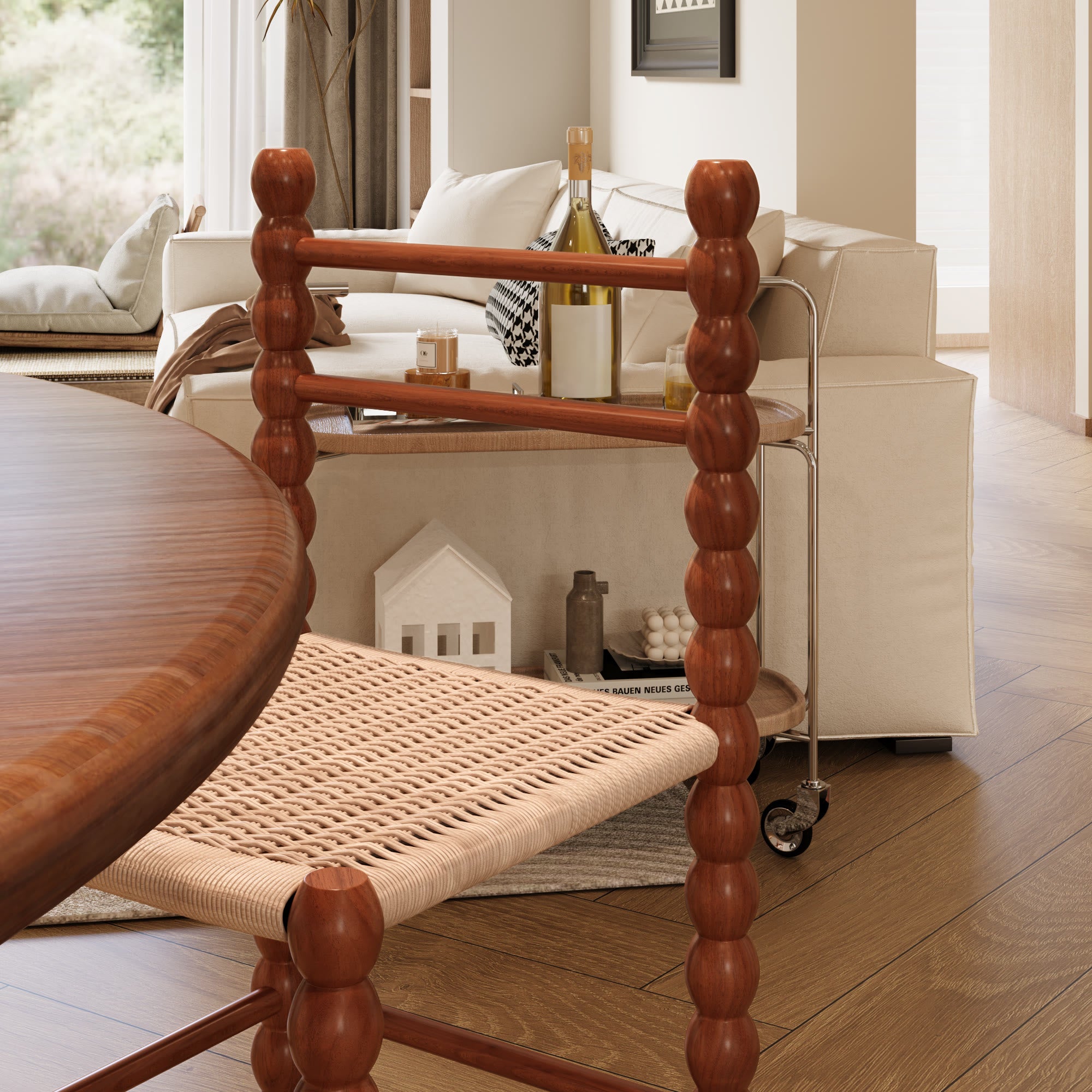 7-piece Mid-century Rubber Wood Round Dining Table With Rattan Gourd Legs Dining Chairs