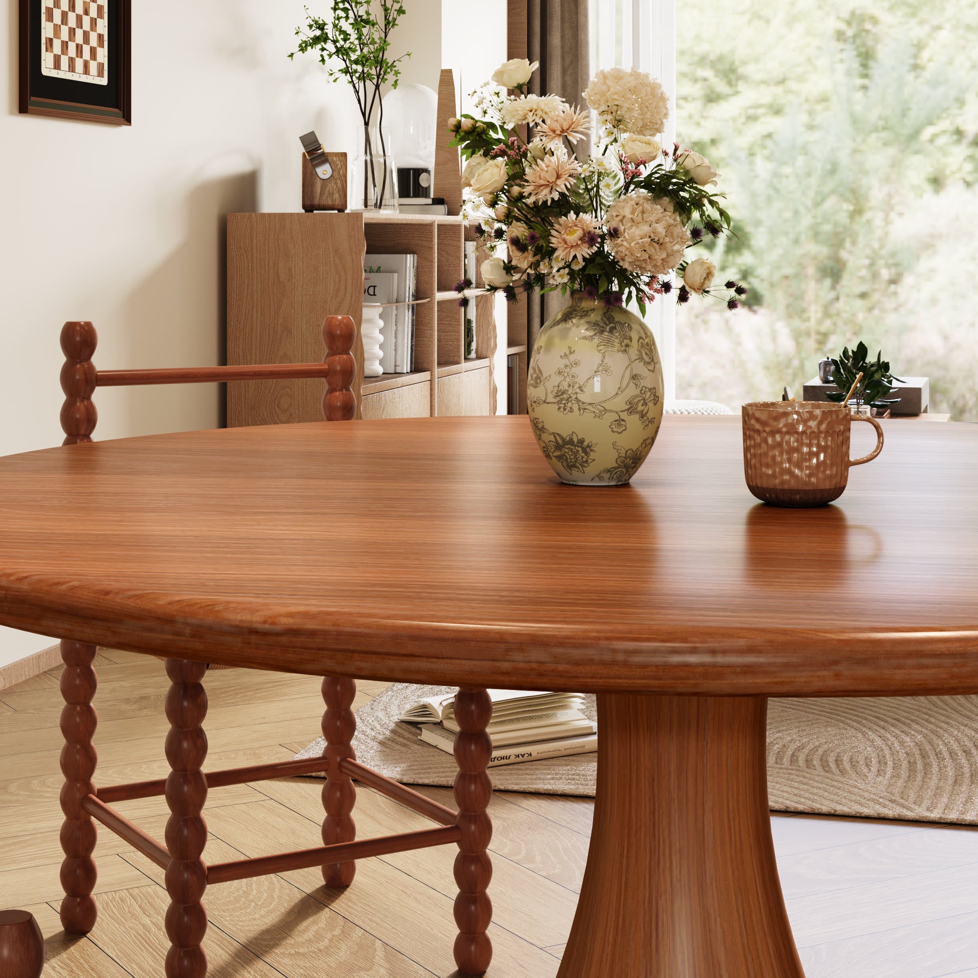 7-piece Mid-century Rubber Wood Round Dining Table With Rattan Gourd Legs Dining Chairs