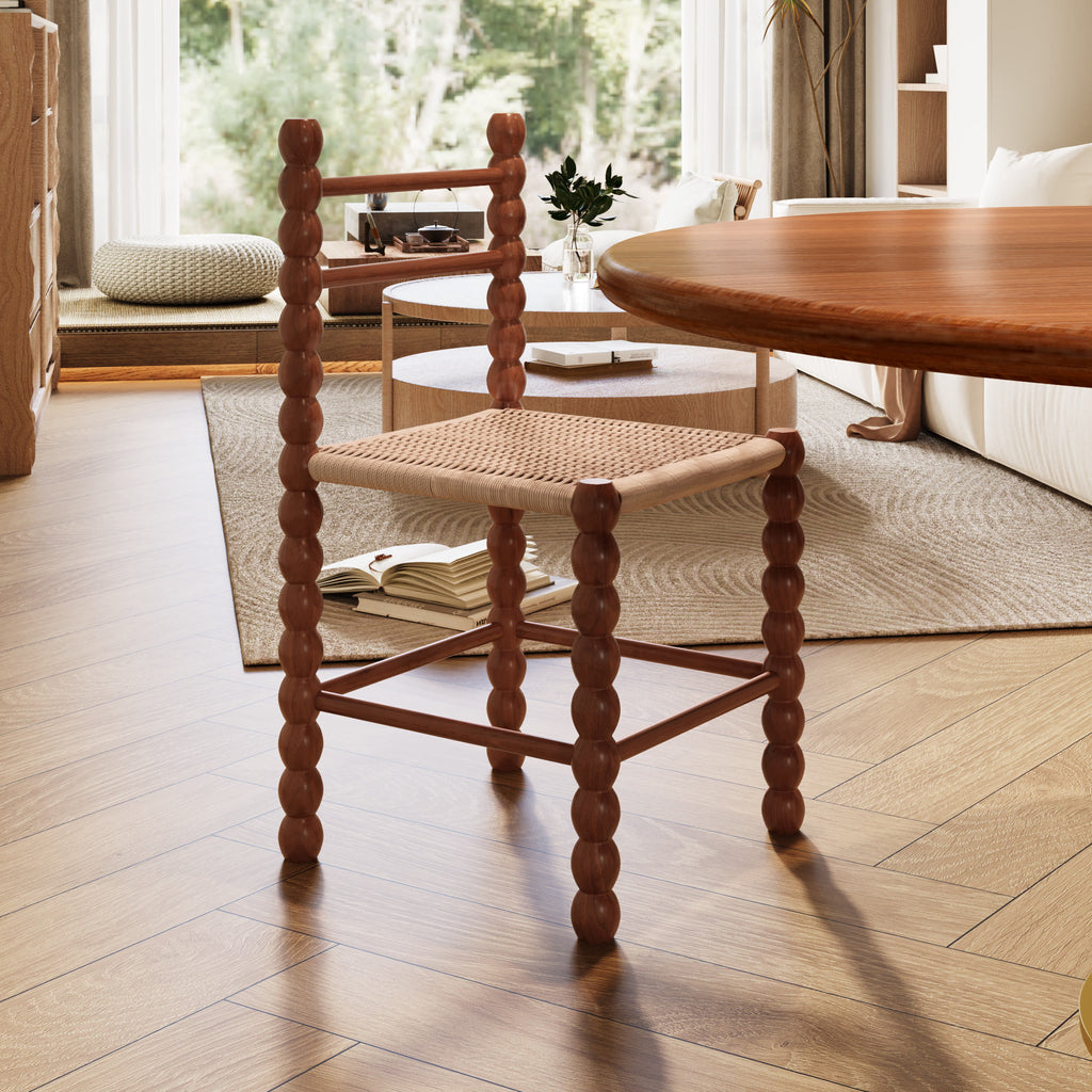 7-piece Mid-century Rubber Wood Round Dining Table With Rattan Gourd Legs Dining Chairs