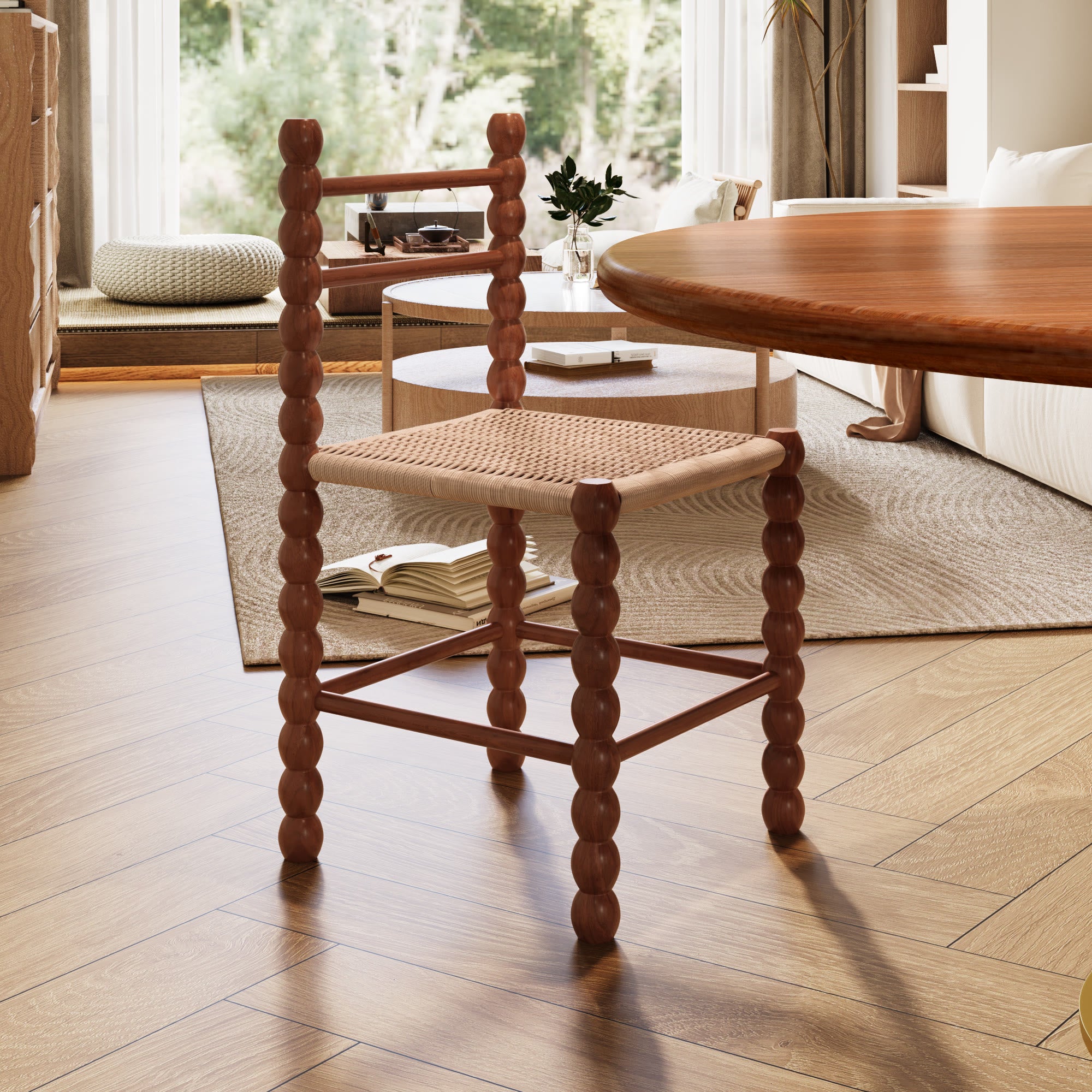 7-piece Mid-century Rubber Wood Round Dining Table With Rattan Gourd Legs Dining Chairs