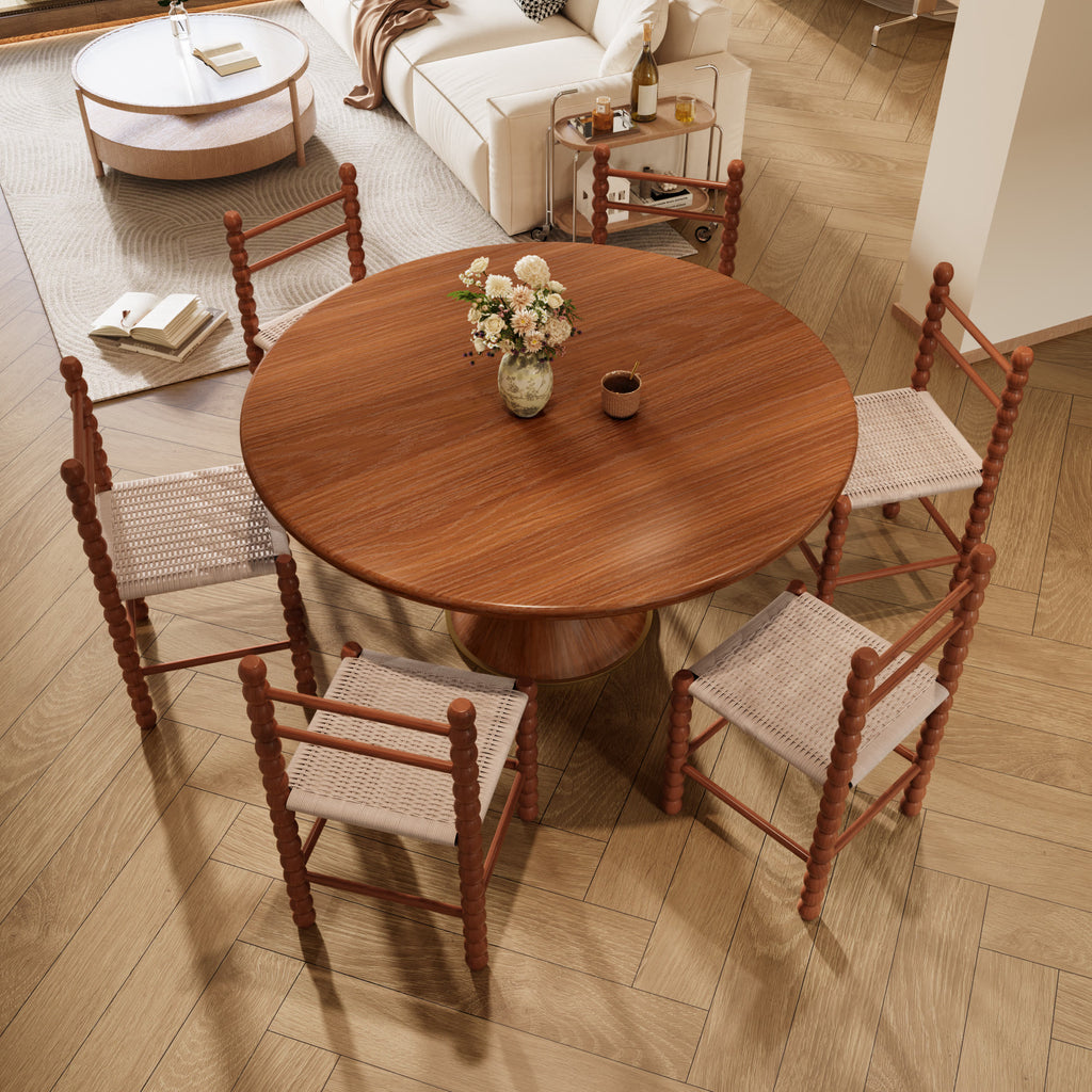 7-piece Mid-century Rubber Wood Round Dining Table With Rattan Gourd Legs Dining Chairs - Wood - 59.05"Table+6 x Dining Chairs - image 0