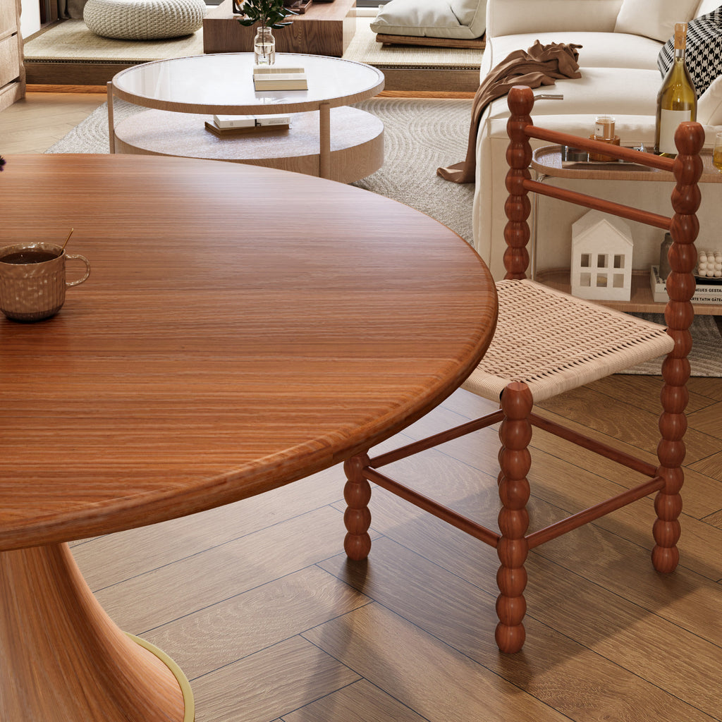 7-piece Mid-century Rubber Wood Round Dining Table With Rattan Gourd Legs Dining Chairs