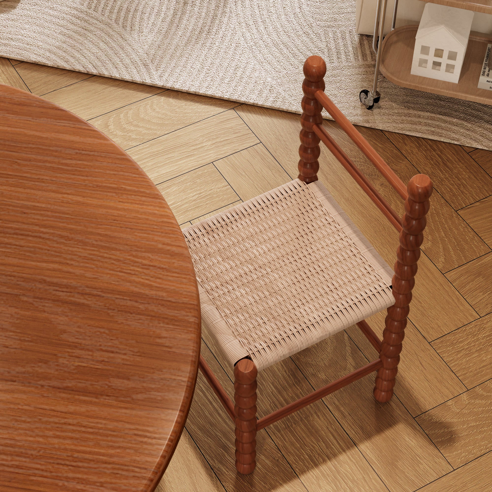 7-piece Mid-century Rubber Wood Round Dining Table With Rattan Gourd Legs Dining Chairs