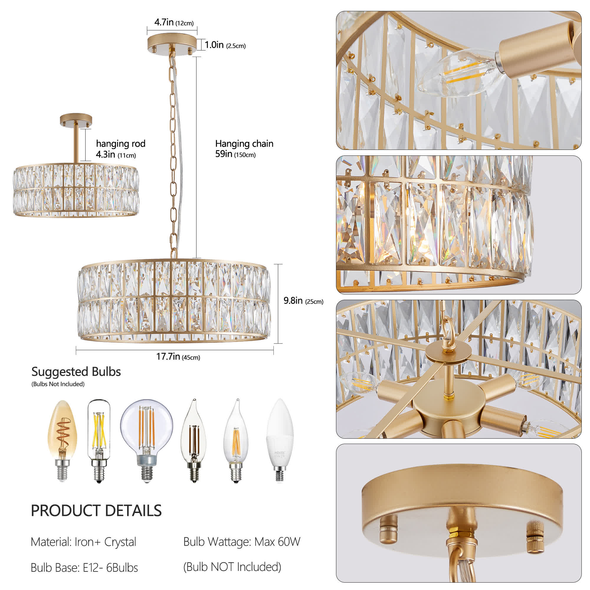 Modern Crystal Drum Chandelier(No Bulb)