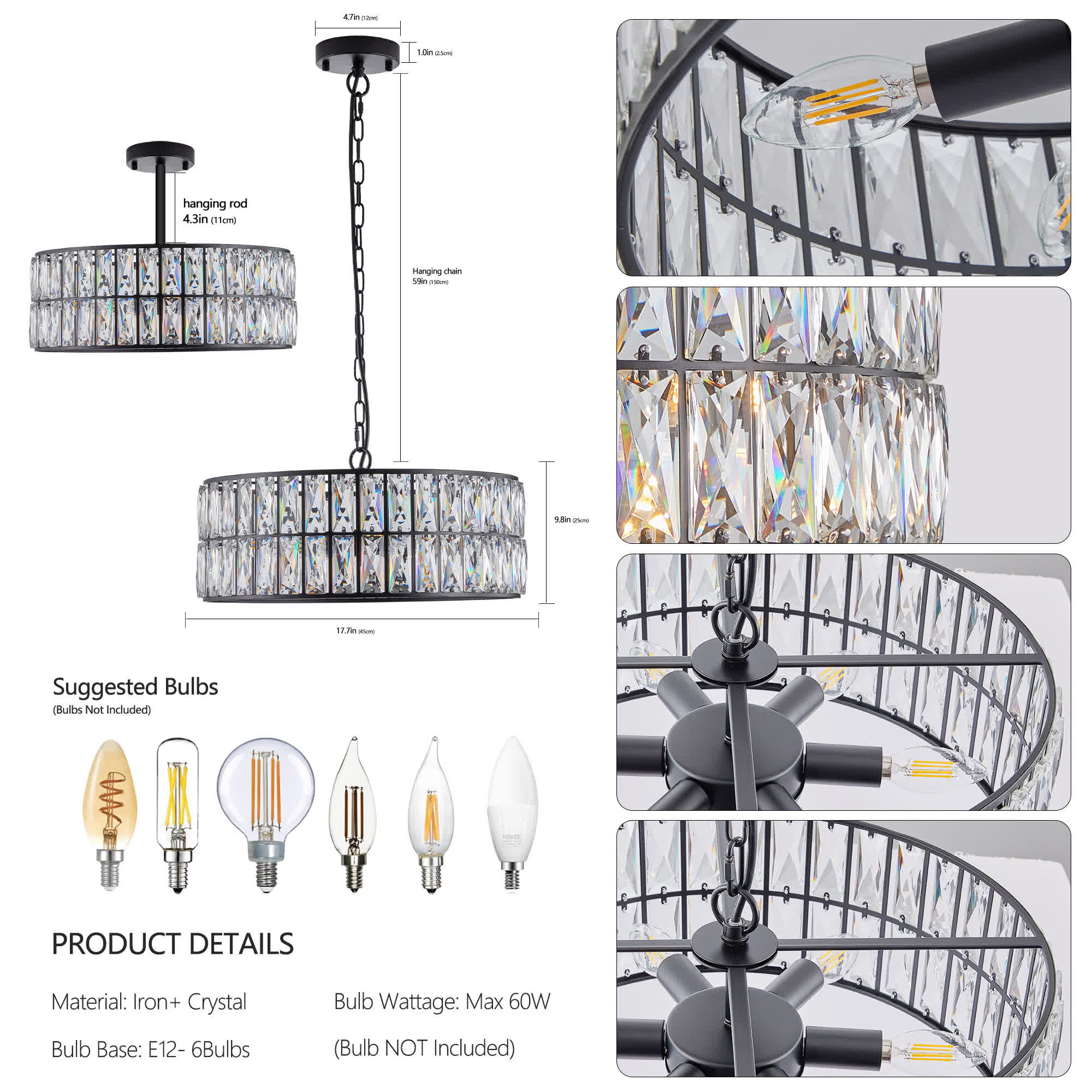 Modern Crystal Drum Chandelier(No Bulb)