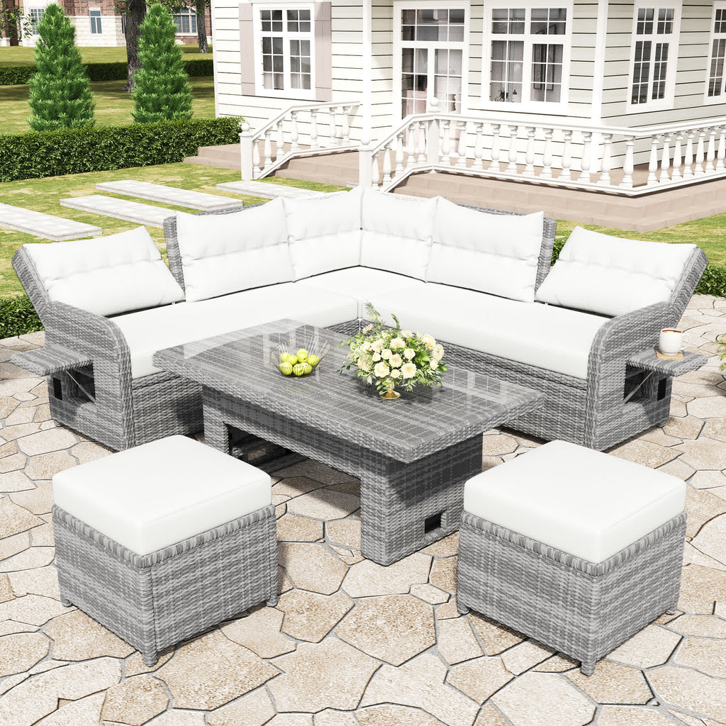 4Pcs Outdoor Rattan Patio Furniture Set - Beige - 1x Sectional Sofa+ 2x Ottoman+ 1x Table - image 0