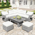 4Pcs Outdoor Rattan Patio Furniture Set - Beige - 1x Sectional Sofa+ 2x Ottoman+ 1x Table - image 0