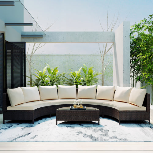 5Pcs Outdoor Patio Sectional Furniture Half-Moon Sofa Set - Beige - 4x 2-person sofa+ 1x table+ 8x pillow+ 4x cushion - image 0