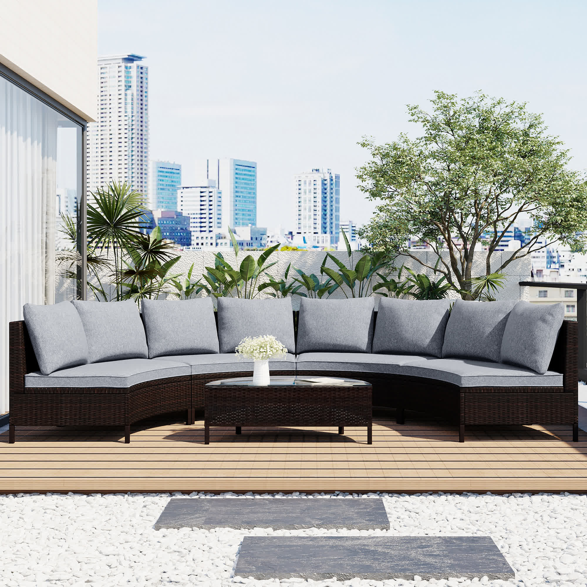 5Pcs Outdoor Patio Sectional Furniture Half-Moon Sofa Set