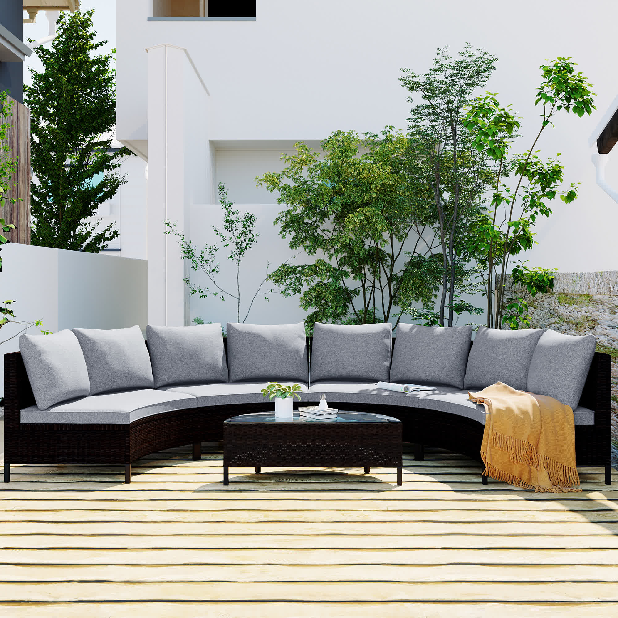 5Pcs Outdoor Patio Sectional Furniture Half-Moon Sofa Set - Grey - 4x 2-person sofa+ 1x table+ 8x pillow+ 4x cushion - image 18