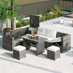 6Pcs Garden Patio Rattan Sectional Furniture Set - Beige - 1x loveseat+1x 3-seat sofa+1x storage box+1x table+2x stools+4x cushions+5x pillows - image 0