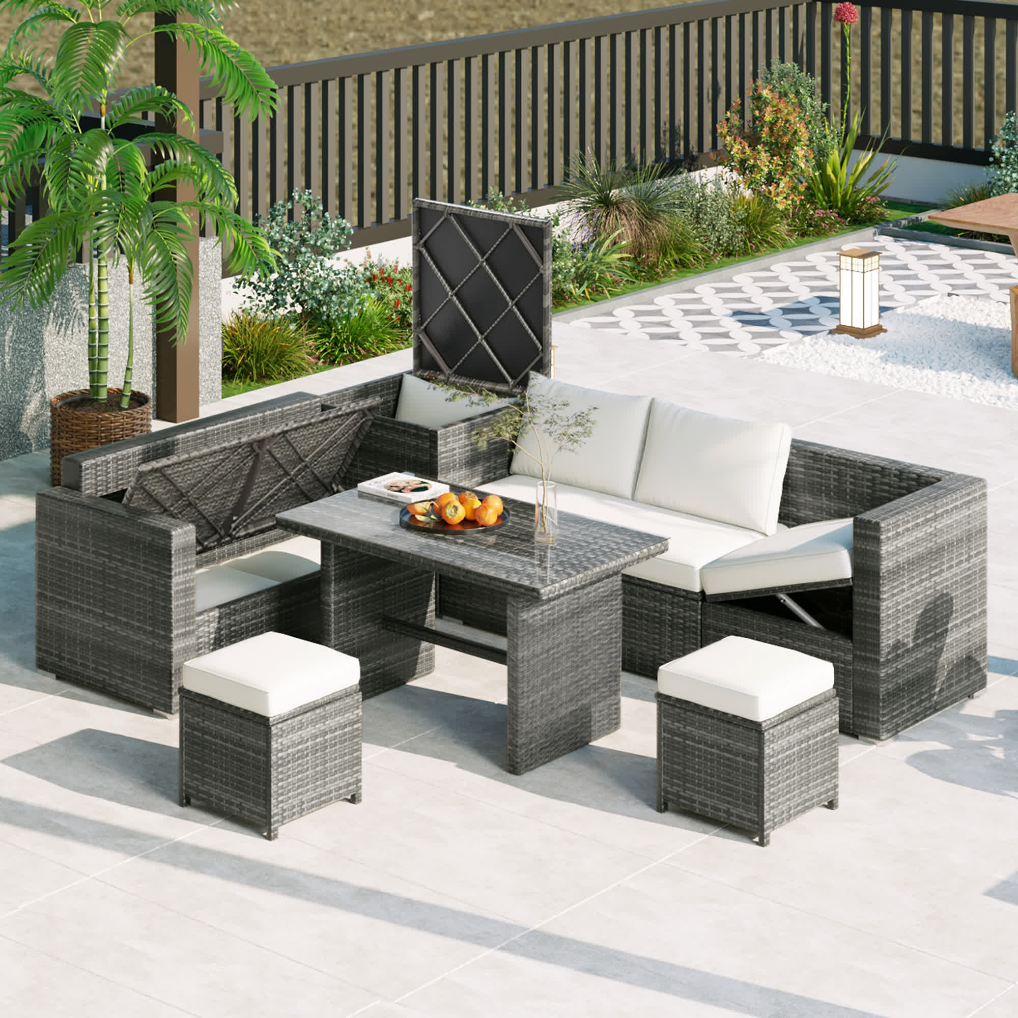 6Pcs Garden Patio Rattan Sectional Furniture Set - Beige - 1x loveseat+1x 3-seat sofa+1x storage box+1x table+2x stools+4x cushions+5x pillows - image 0
