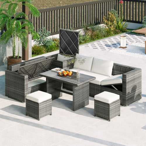 6Pcs Garden Patio Rattan Sectional Furniture Set - Beige - 1x loveseat+1x 3-seat sofa+1x storage box+1x table+2x stools+4x cushions+5x pillows - image 0