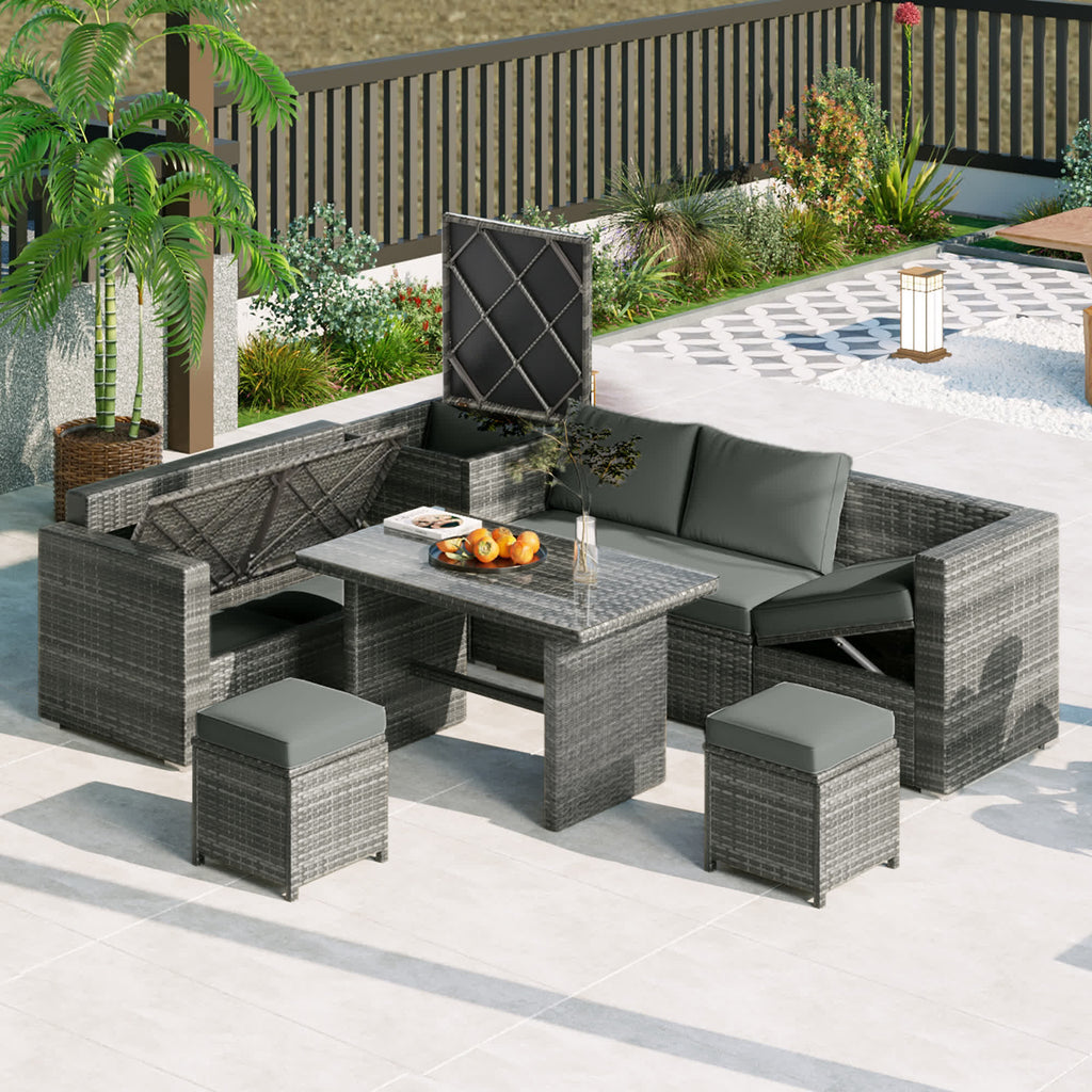 6Pcs Garden Patio Rattan Sectional Furniture Set - Grey - 1x loveseat+1x 3-seat sofa+1x storage box+1x table+2x stools+4x cushions+5x pillows - image 22