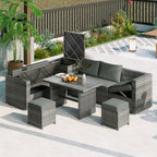 6Pcs Garden Patio Rattan Sectional Furniture Set - Grey - 1x loveseat+1x 3-seat sofa+1x storage box+1x table+2x stools+4x cushions+5x pillows - image 22