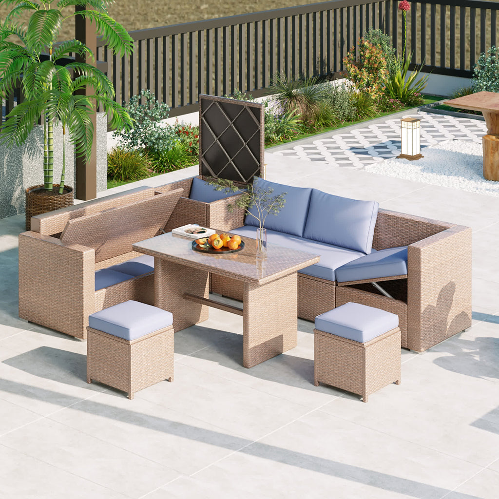6Pcs Garden Patio Rattan Sectional Furniture Set - Natural - 1x loveseat+1x 3-seat sofa+1x storage box+1x table+2x stools+4x cushions+5x pillows - image 37
