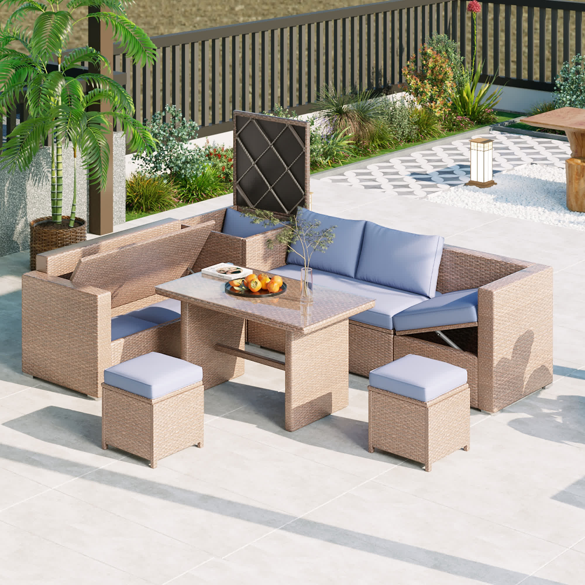 6Pcs Garden Patio Rattan Sectional Furniture Set - Natural - 1x loveseat+1x 3-seat sofa+1x storage box+1x table+2x stools+4x cushions+5x pillows - image 37