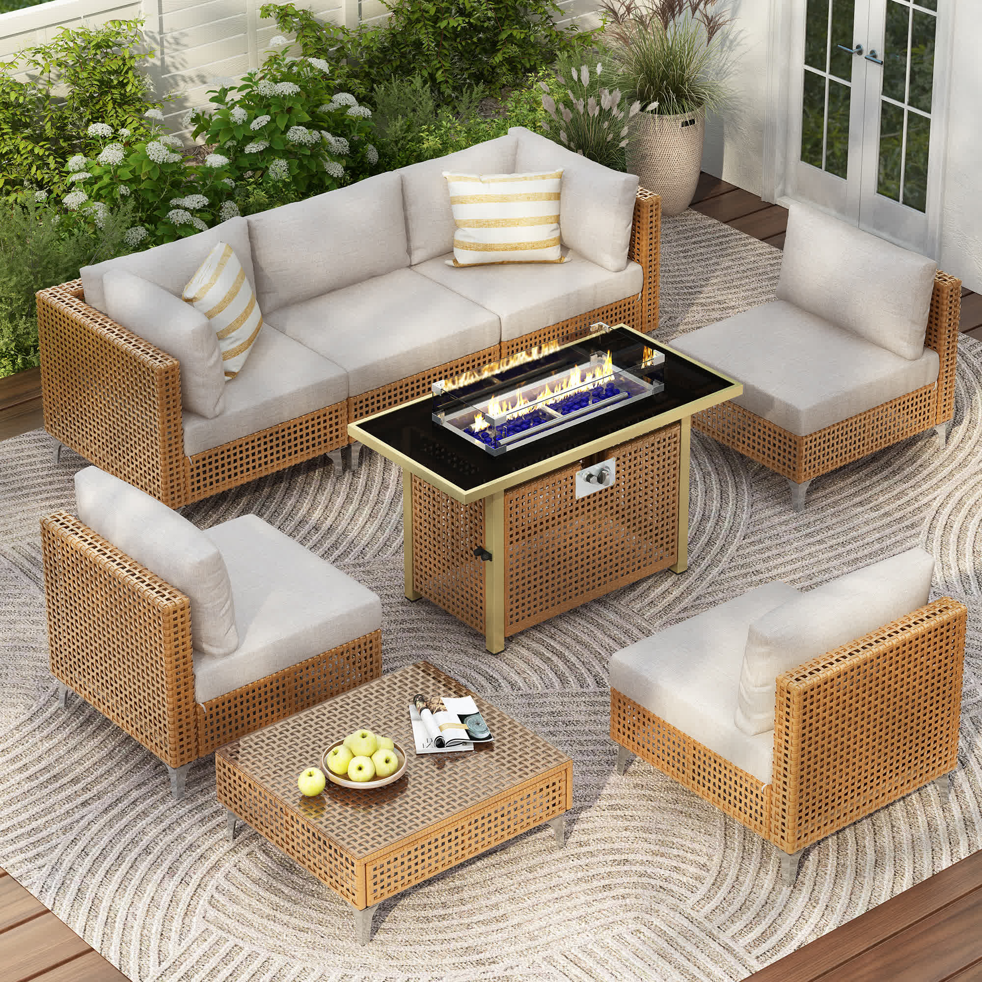 8Pcs Outdoor Patio Furniture Set - Beige - 4x Armless Sofa+ 1x Left Sofa+ 1x Right Sofa+ 1x Coffee Table+ 1x Fire Pit Table - image 0