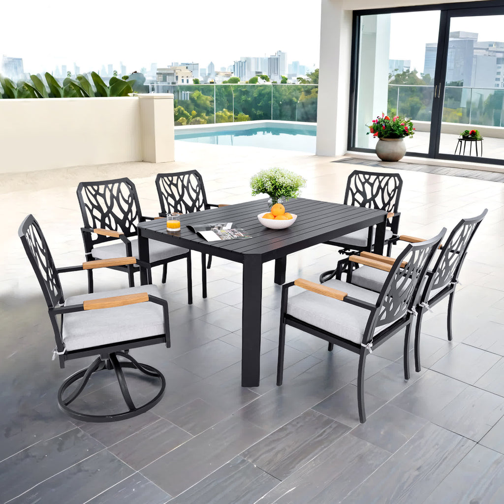 7Pcs Aluminum Outdoor Table and Chair Set - Black - 1x Dining Table+ 4x Dining Chair+ 2x Swivel Rocker - image 0