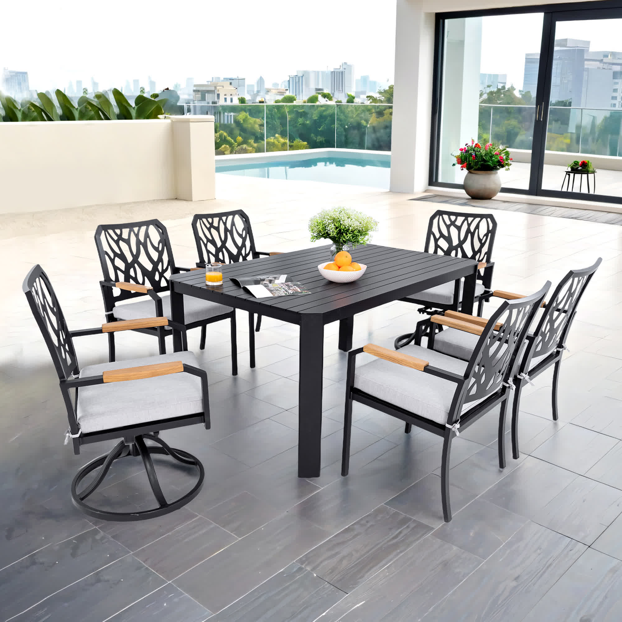 7Pcs Aluminum Outdoor Table and Chair Set - Black - 1x Dining Table+ 4x Dining Chair+ 2x Swivel Rocker - image 0