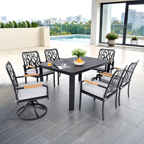 7Pcs Aluminum Outdoor Table and Chair Set - Black - 1x Dining Table+ 4x Dining Chair+ 2x Swivel Rocker - image 0