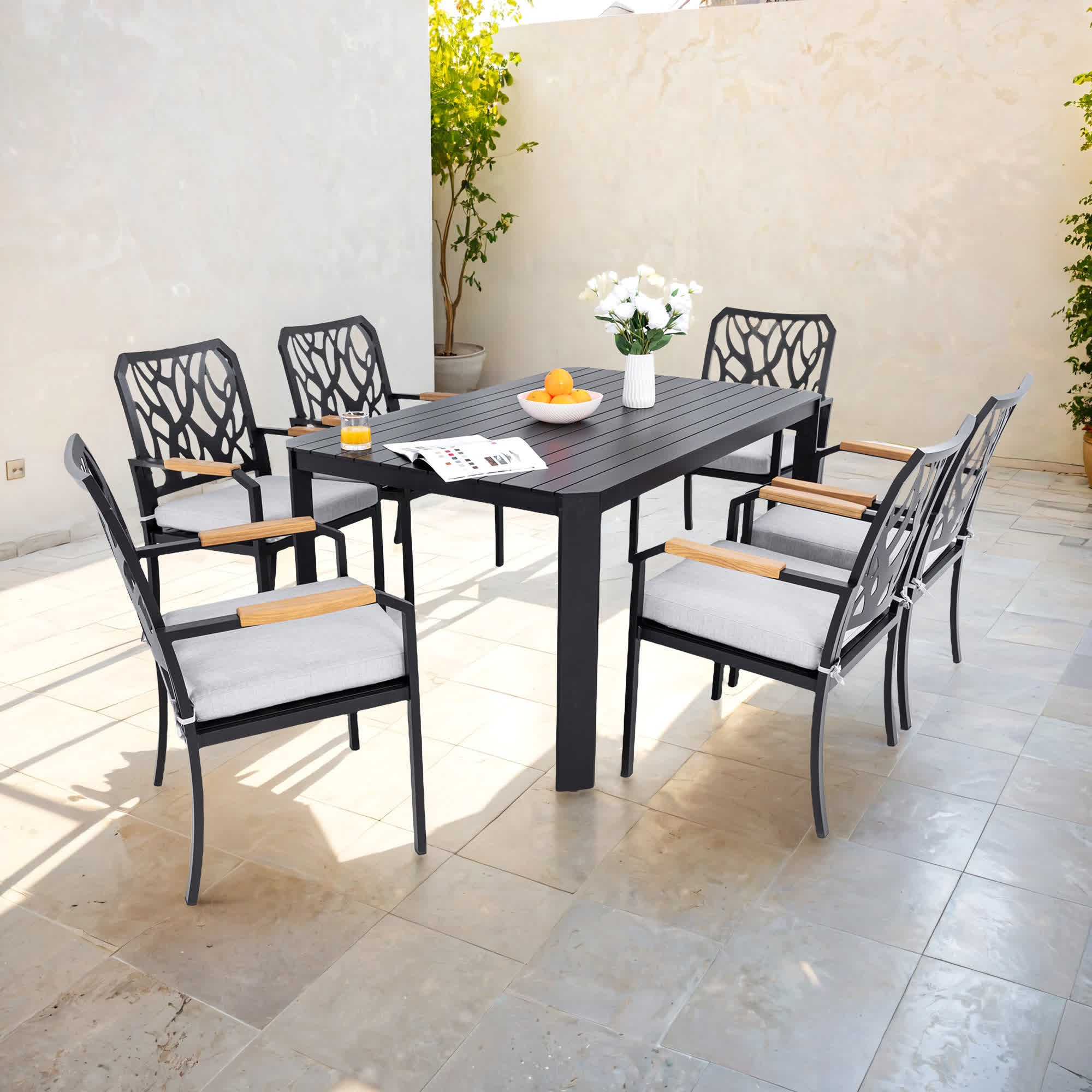 7Pcs Outdoor Patio Aluminum Furniture Set - Black - 1x Dining Table+ 6x Dining Chair - image 0
