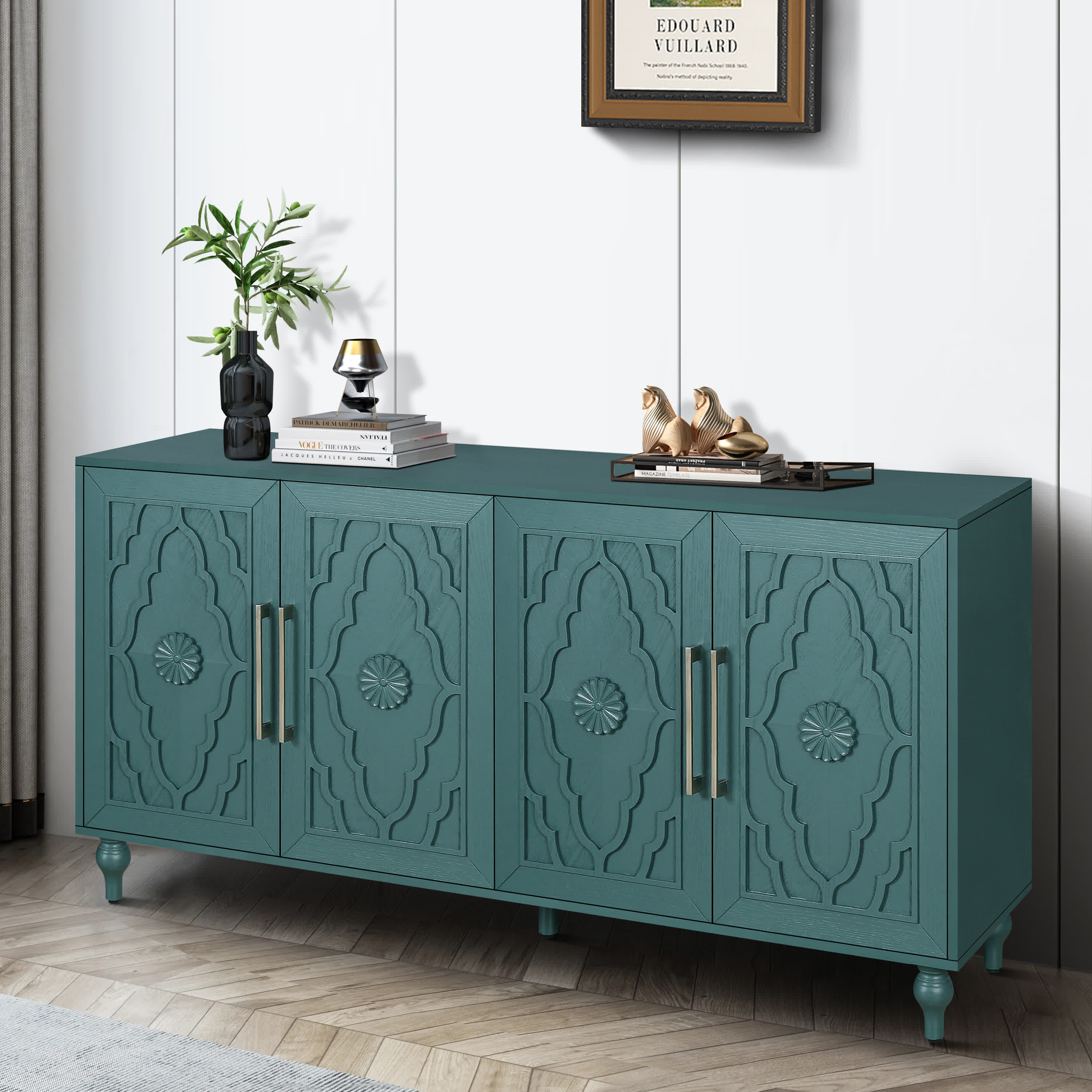 Wooden Modern Carved Flower Door Sideboard Console