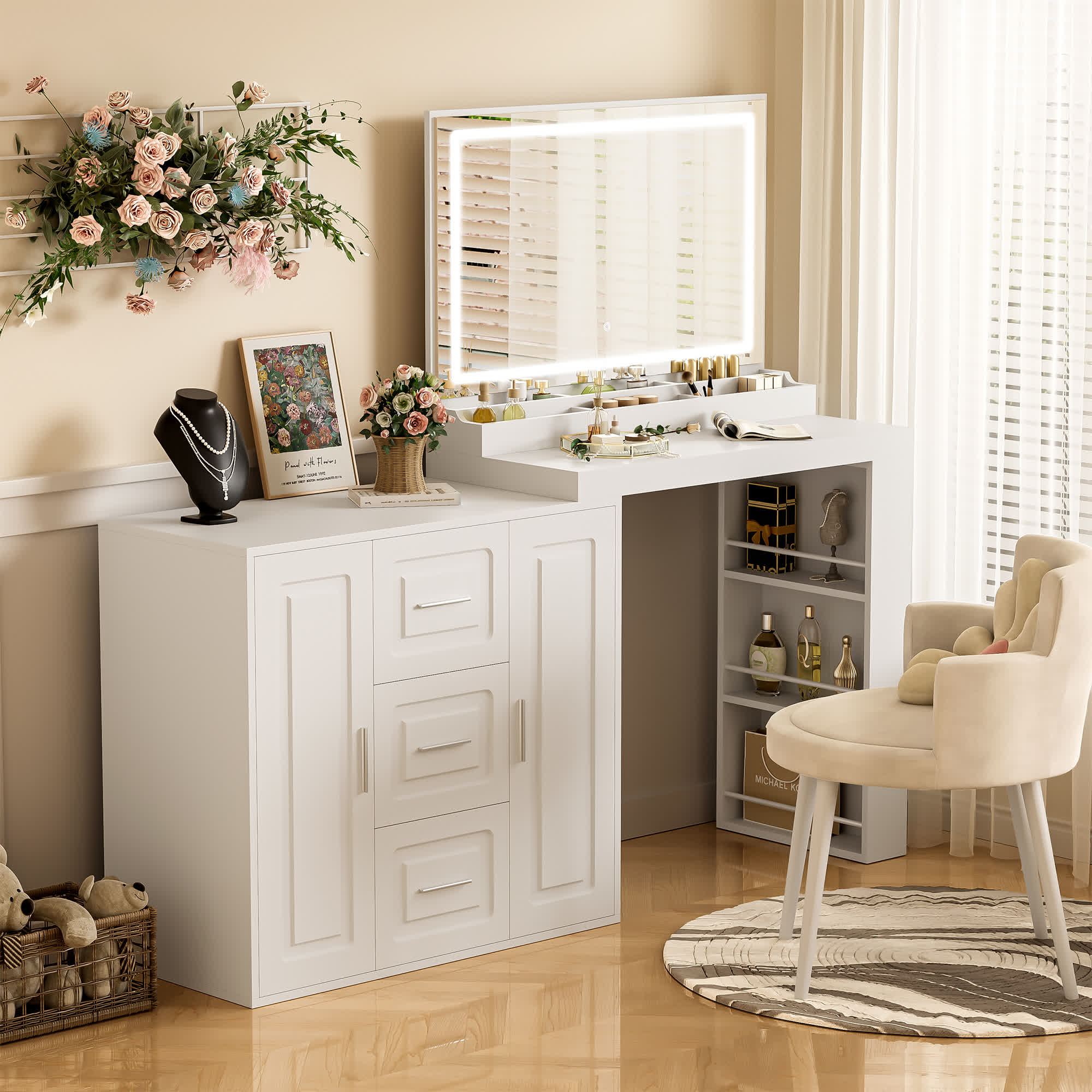 Makeup Storage Vanity Desk with Lighted Mirror - White - 59.10"L x 15.40"W x 54.20"H - image 0