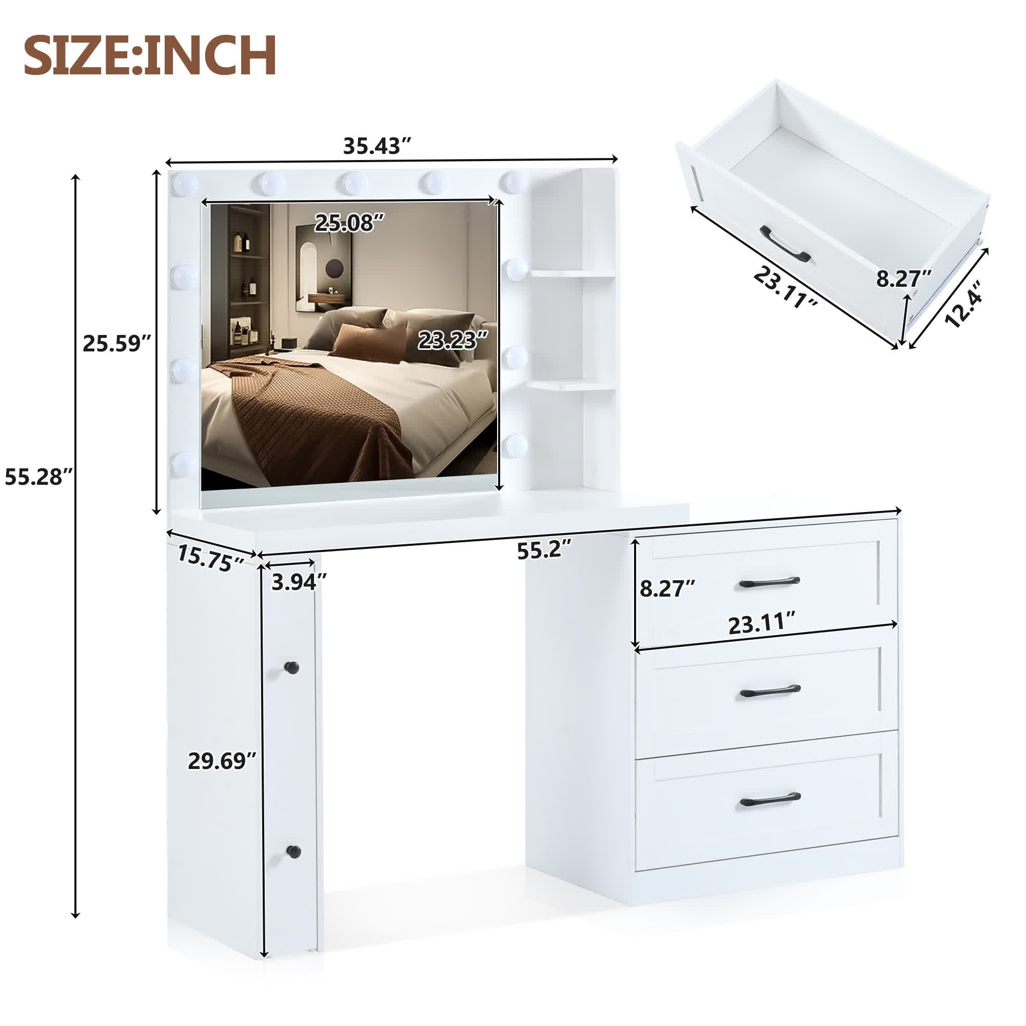 Vanity Desk with Freely Adjustable Side Cabinet