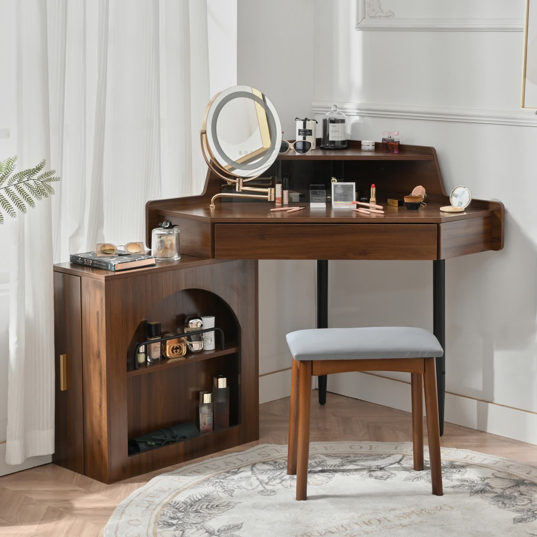 Corner Makeup Vanity Desk Set - Walnut - 55.90"L x 37.00"W x 37.40"H - image 0