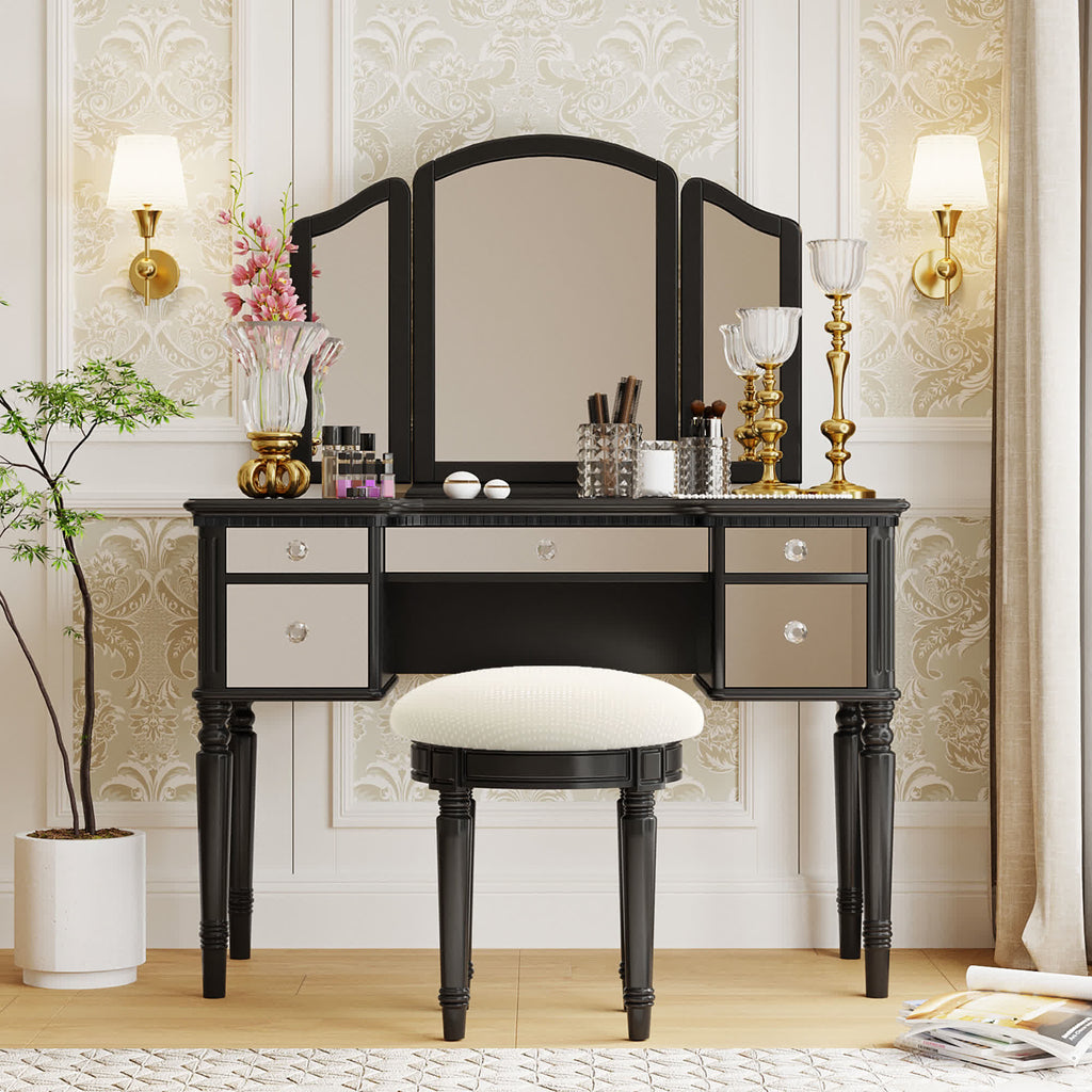 Tri-fold Mirror Vanity Desk Stool Set
