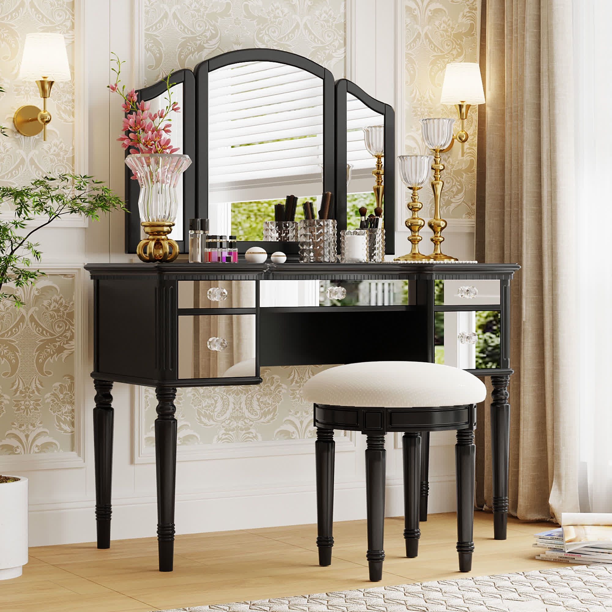 Tri-fold Mirror Vanity Desk Stool Set - image 2