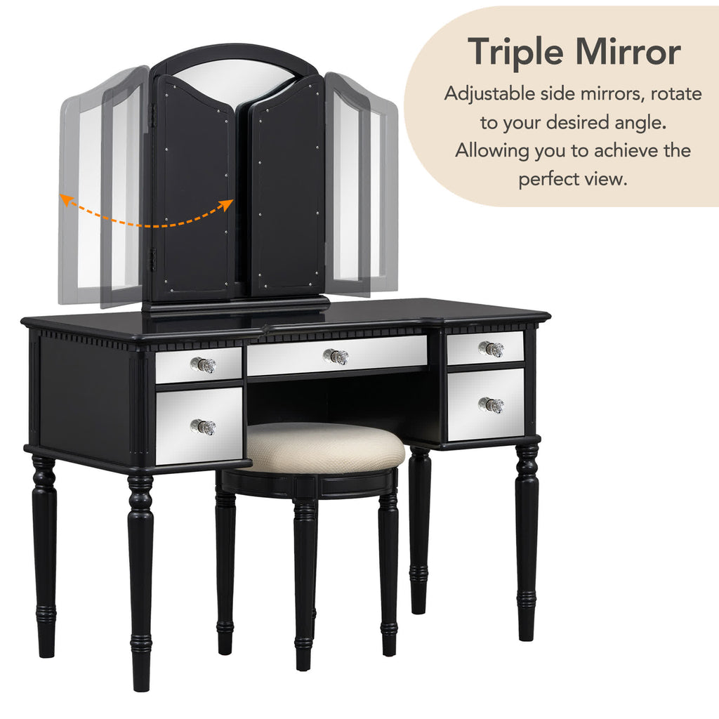 Tri-fold Mirror Vanity Desk Stool Set