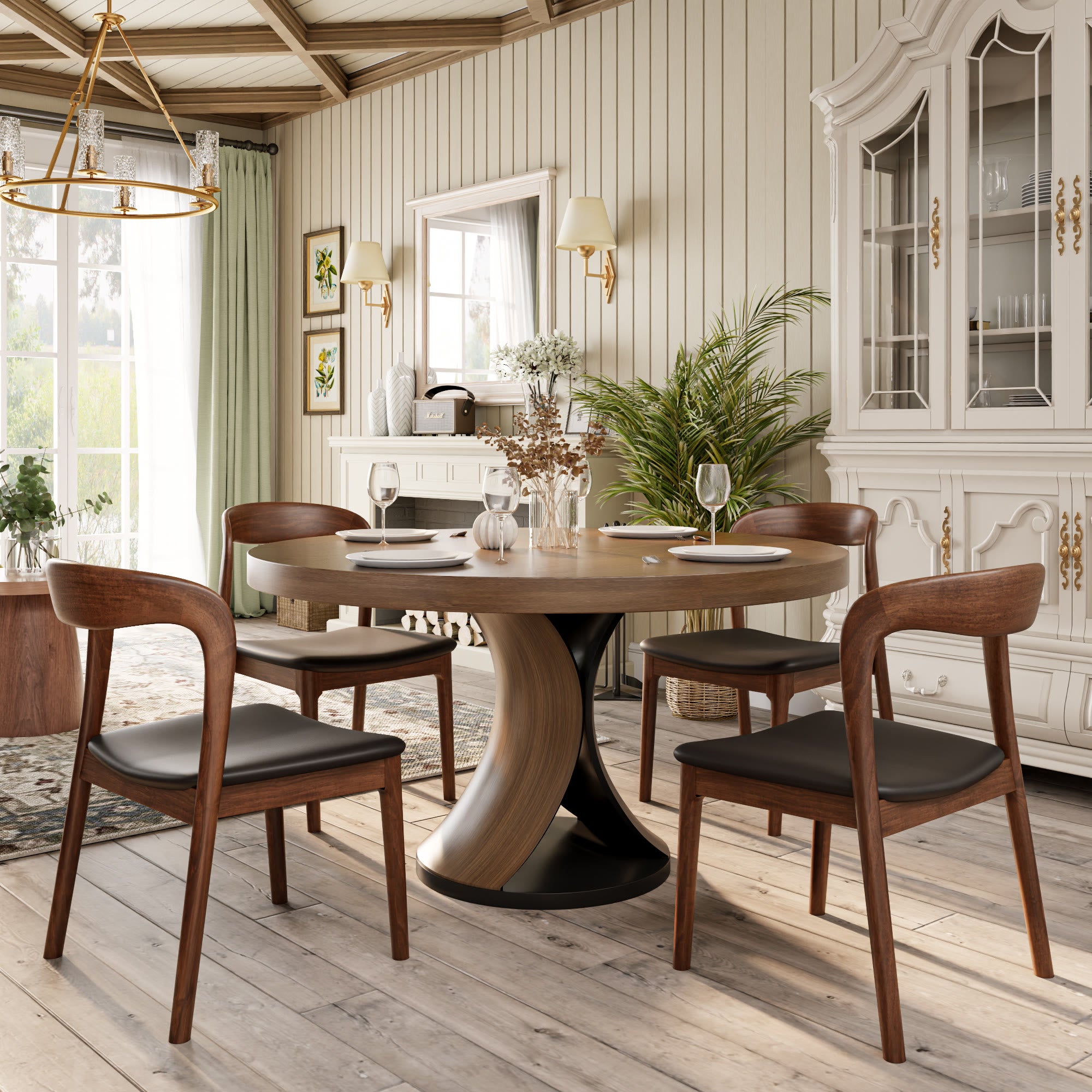 Solid Wood Round Mid-century Walnut Kitchen Room Dining Table - image 11