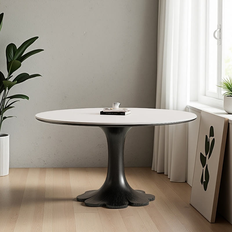 Mid-century Black Solid Wood Flower-shaped Base Dining Table